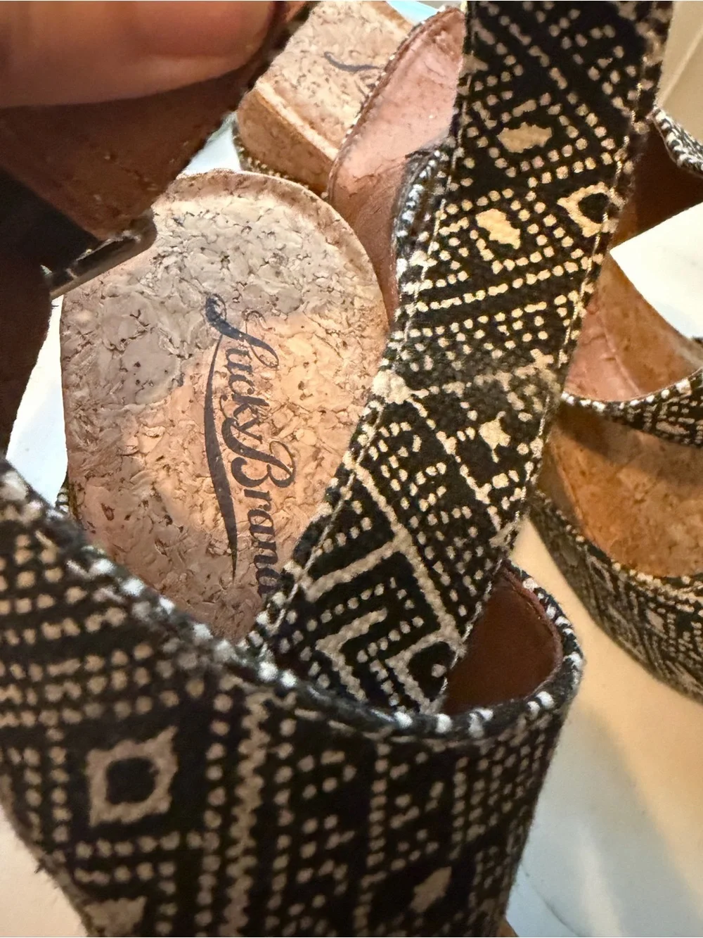 Lucky Brand Black & White Patterned Cork Wedge Sandals